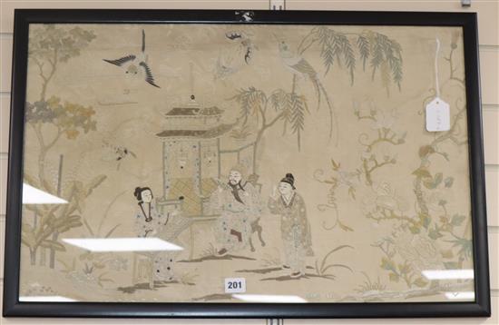 A late 19th century Chinese embroidered silk picture 45 x 69cm